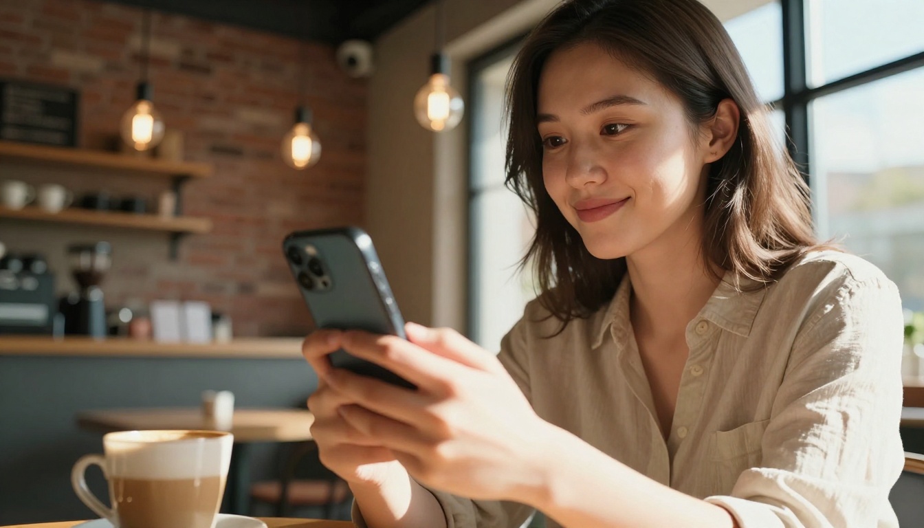 Woman filming vertical content in a modern cafe
