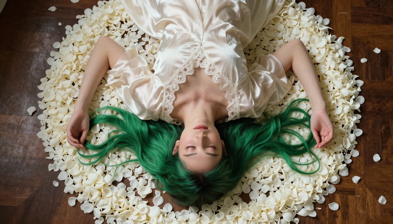 Overhead view of a young woman lying peacefully on a bed of white flower petals