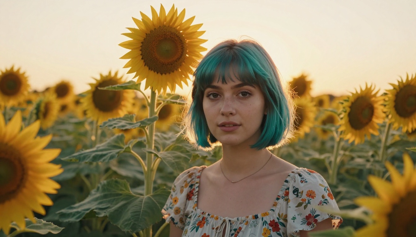 Young woman with short teal hair standing in a sunflower field at golden hour