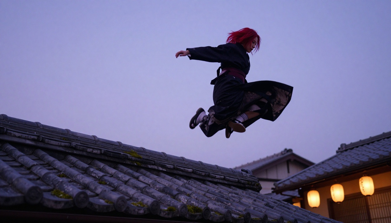 Young woman with bright crimson hair mid-leap across traditional Tokyo rooftops at twilight