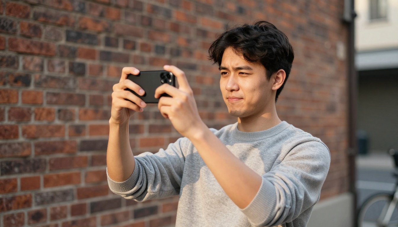 Young man recording vertical video outdoors against brick wall