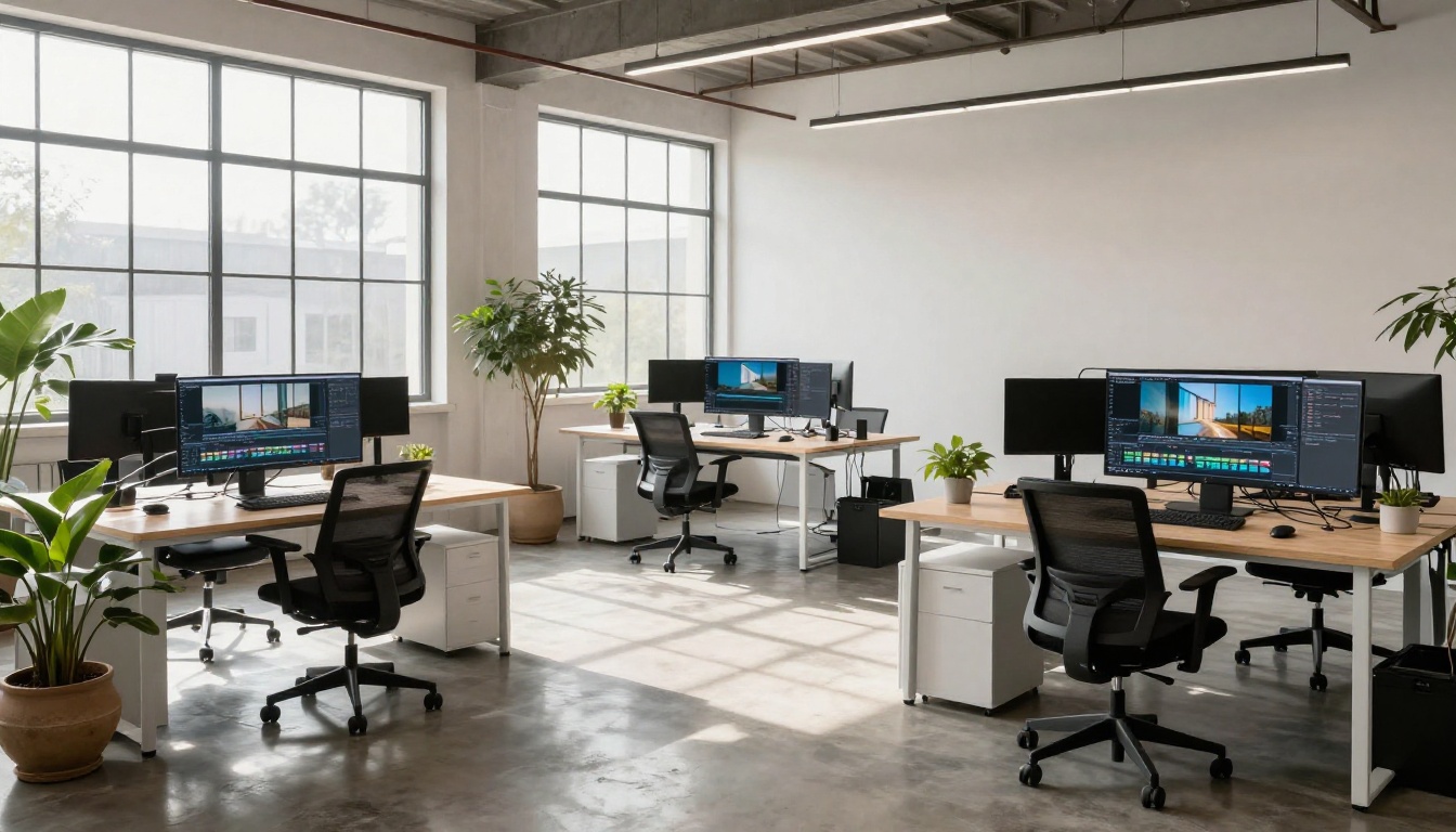 Creative studio workspace with vertical video editing setups on multiple monitors