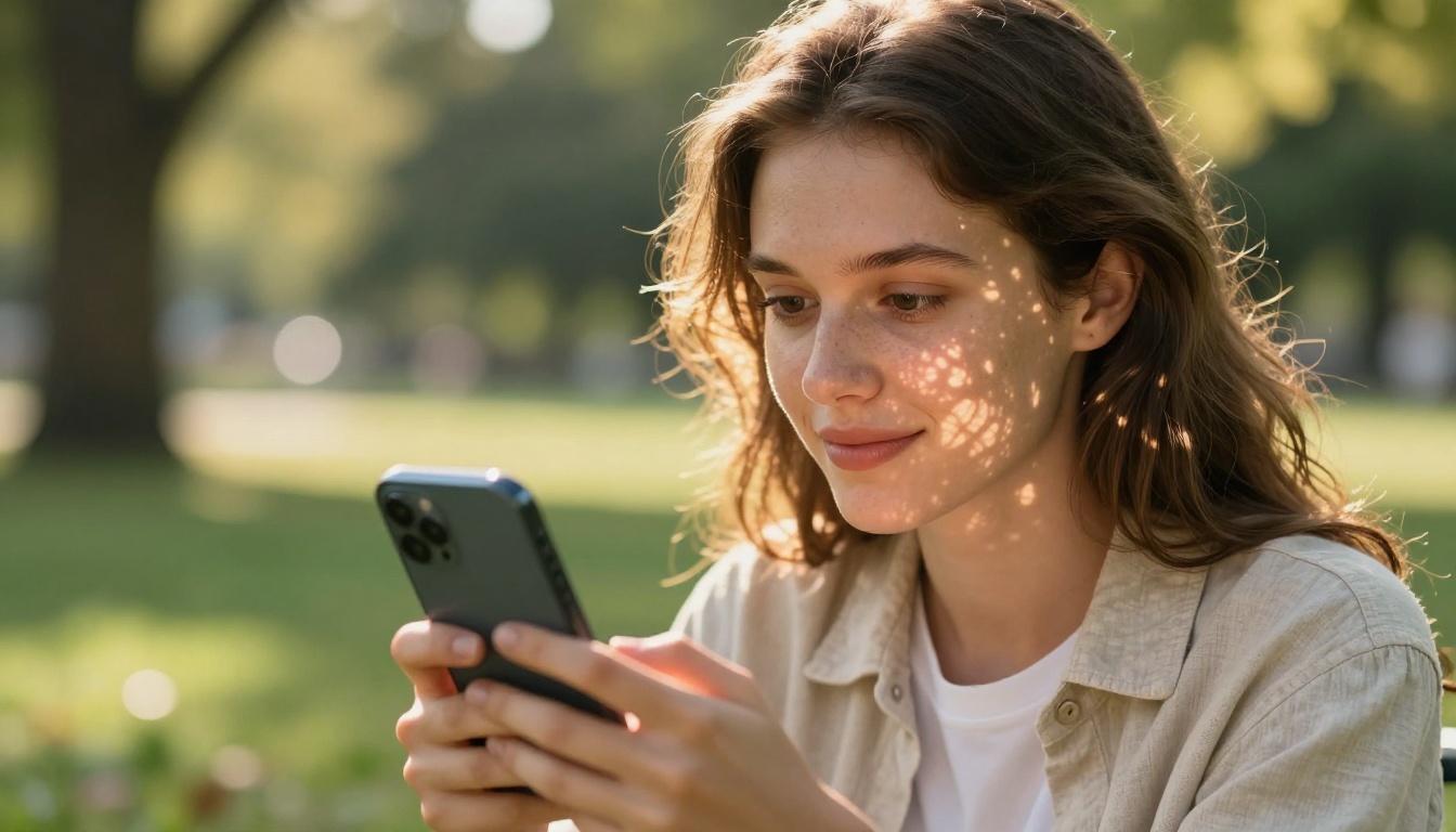 Young woman watching vertical video on phone in a sunlit park