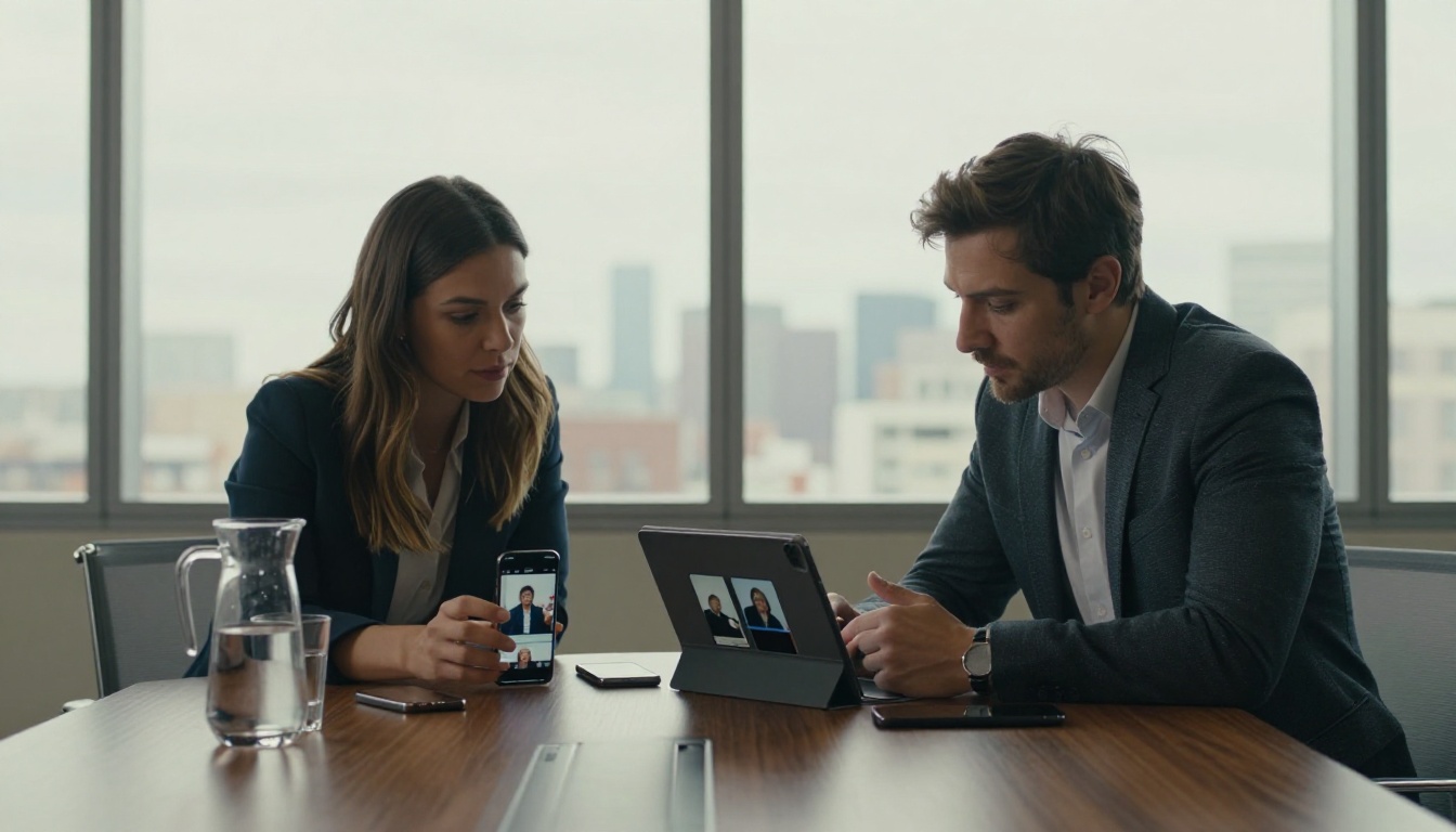 Two professionals reviewing vertical content across multiple devices in a conference room