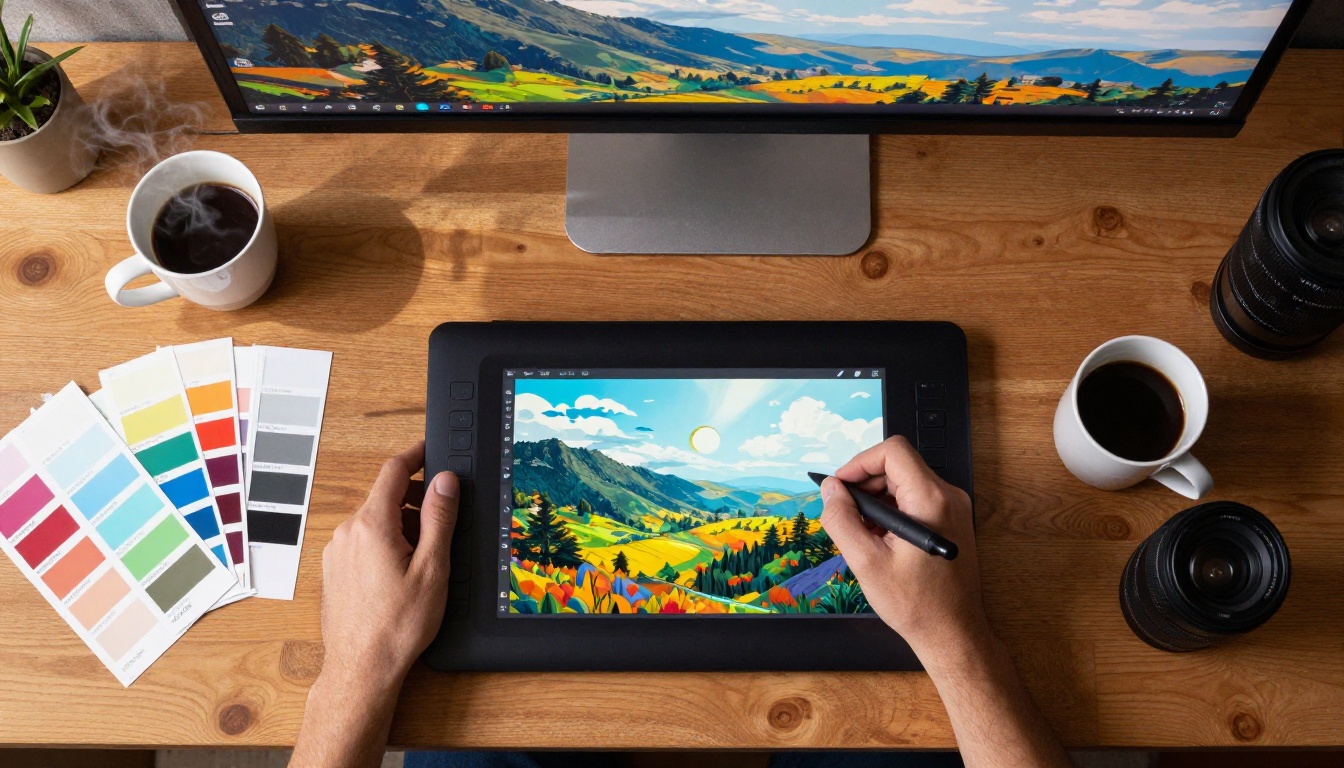 An artist's overhead workstation with AI-generated artwork on a monitor, color swatches, and a graphics tablet