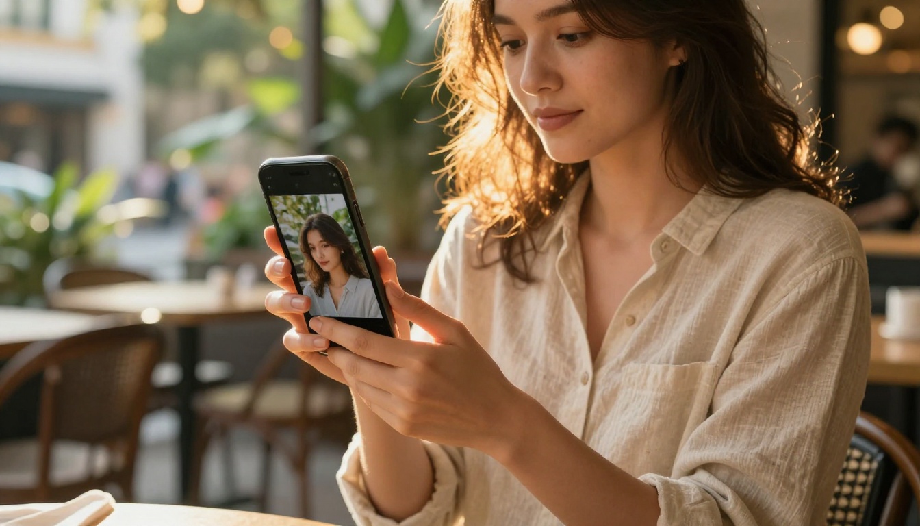 A photographer at a café holding a smartphone showing a freshly AI-generated landscape image
