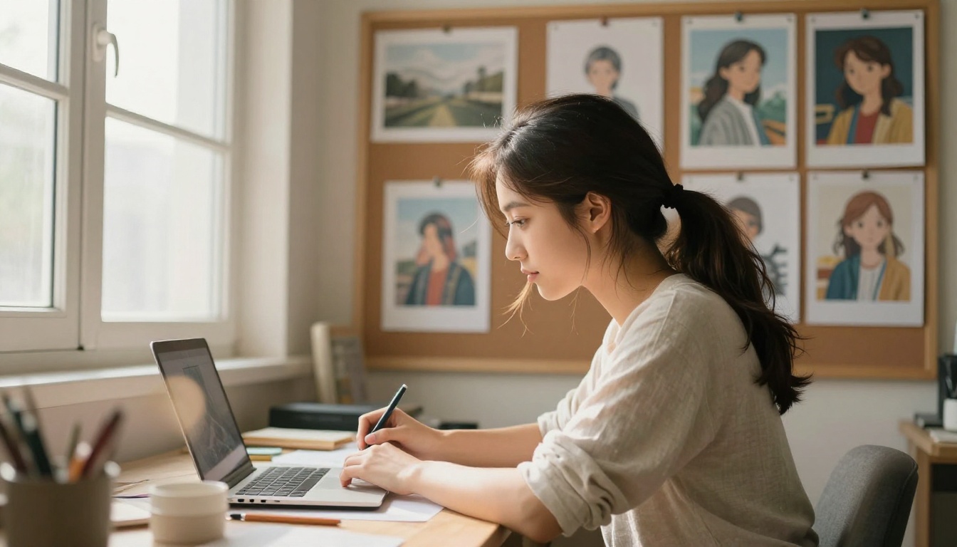 An illustrator studying printed AI-generated images pinned to a cork board, concentrating in natural window light