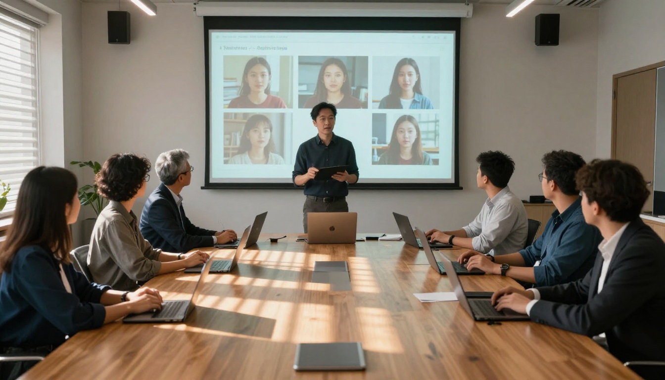 A man presenting AI image before-and-after comparisons in a conference room, late afternoon window light