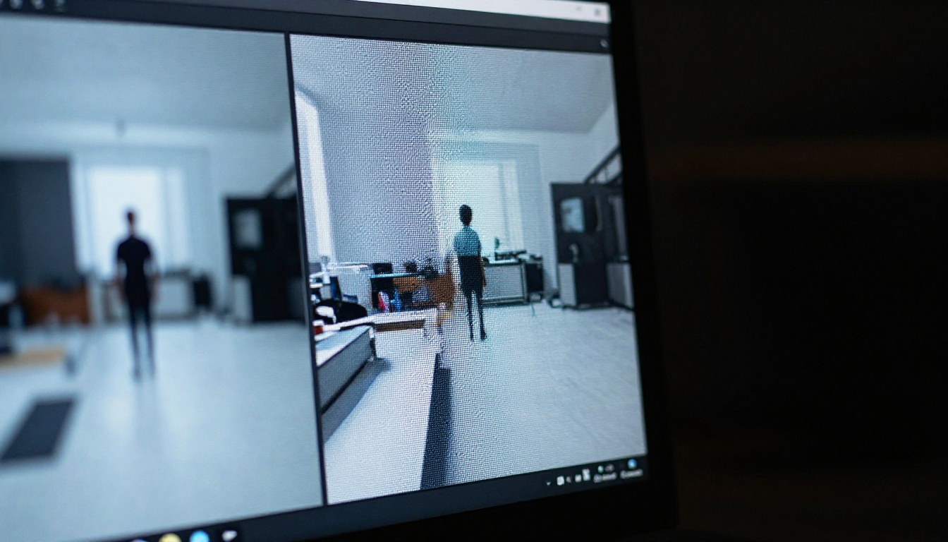 A computer monitor showing a side-by-side before-and-after comparison of a blurry photo and its AI-upscaled sharp version