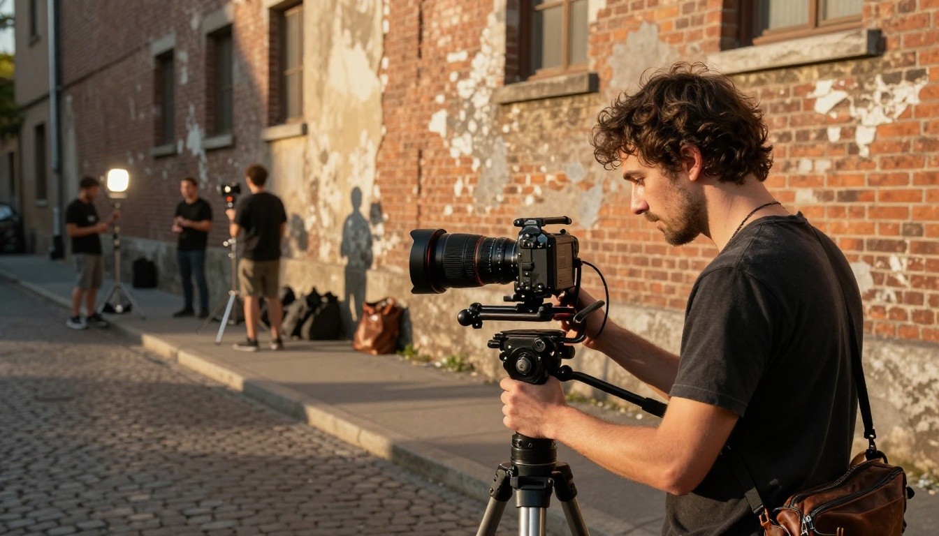 Music video shoot setup at golden hour in urban alley