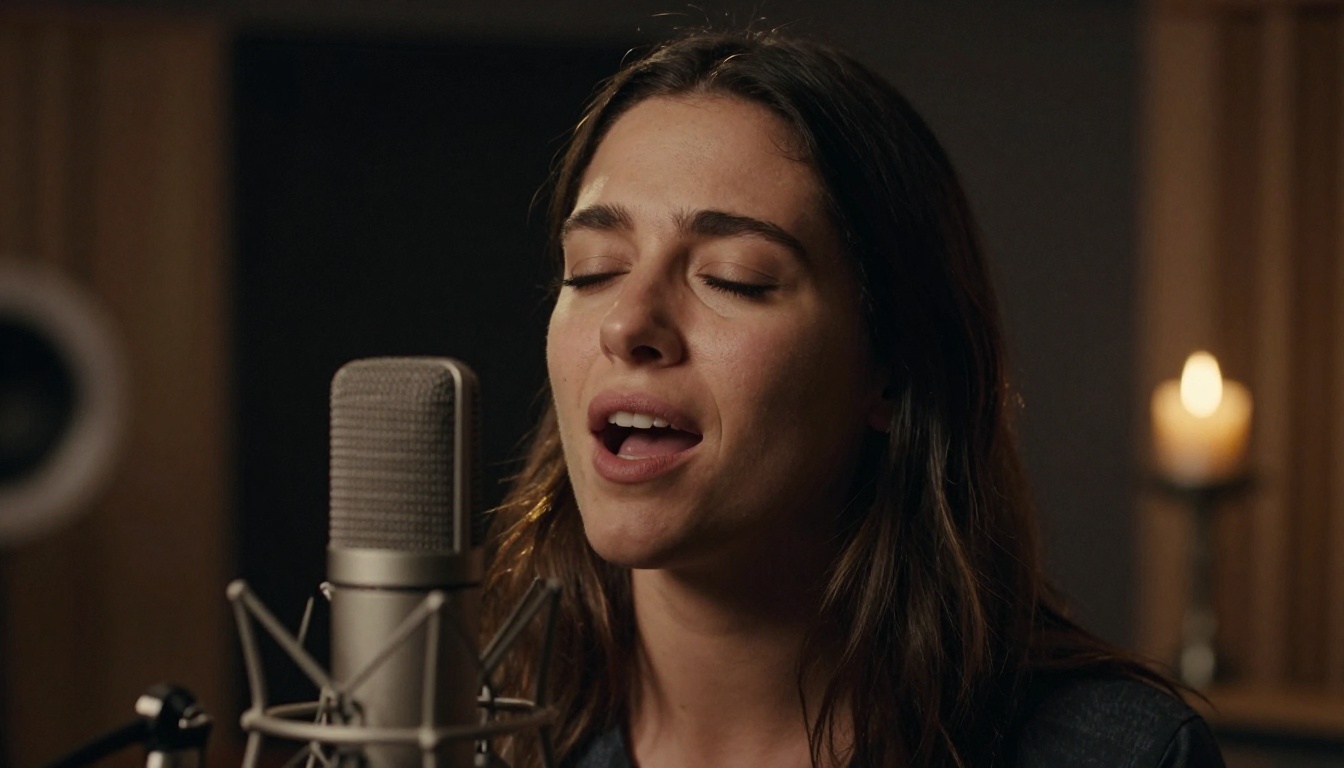 Singer performing passionately into vintage condenser microphone in studio