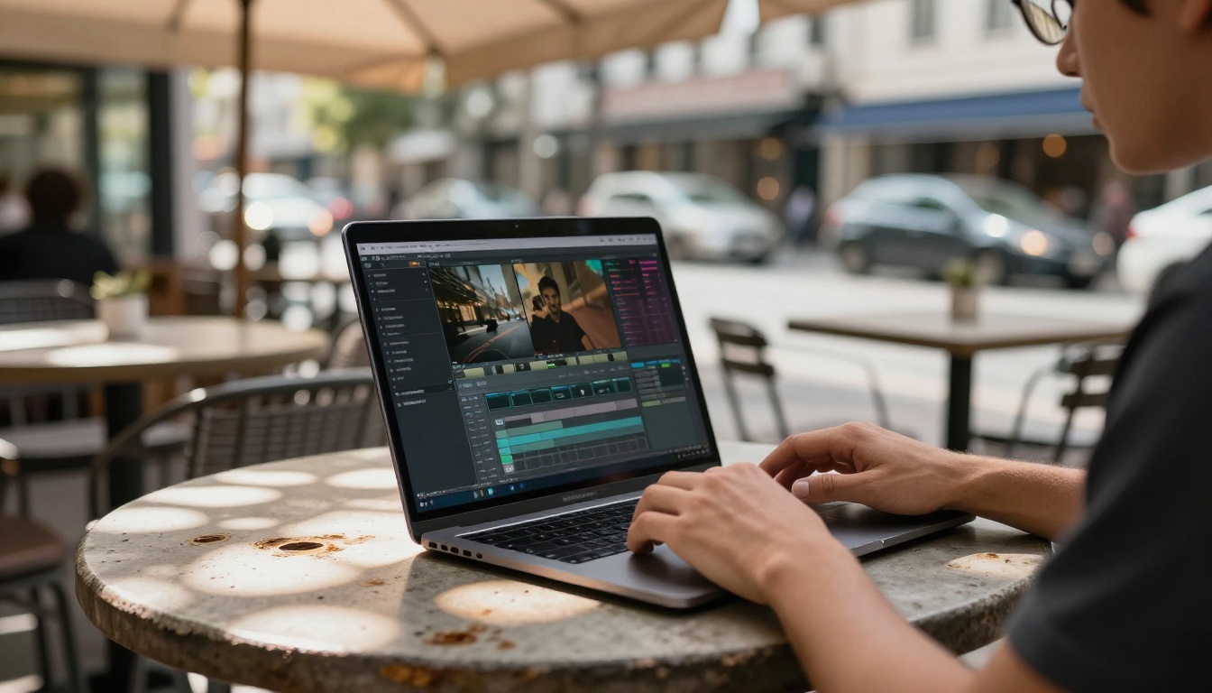 Director reviewing music video footage on laptop at outdoor café