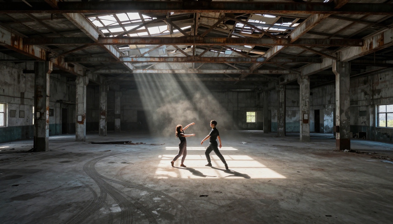 Two dancers performing in abandoned warehouse converted into music video set