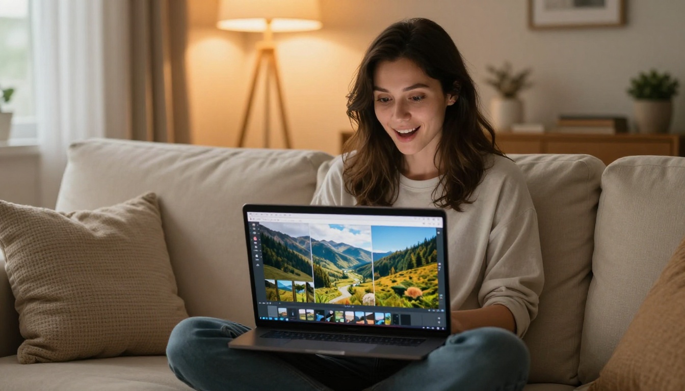 A content creator on a couch, laptop showing a gallery of AI-generated landscape images, warm evening lamp light
