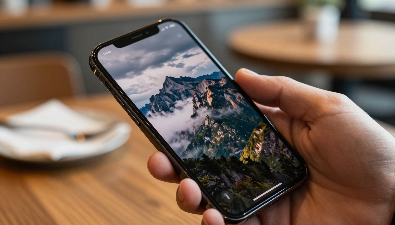 A hand holding a smartphone over a café table, screen showing a stunning AI-generated mountain landscape
