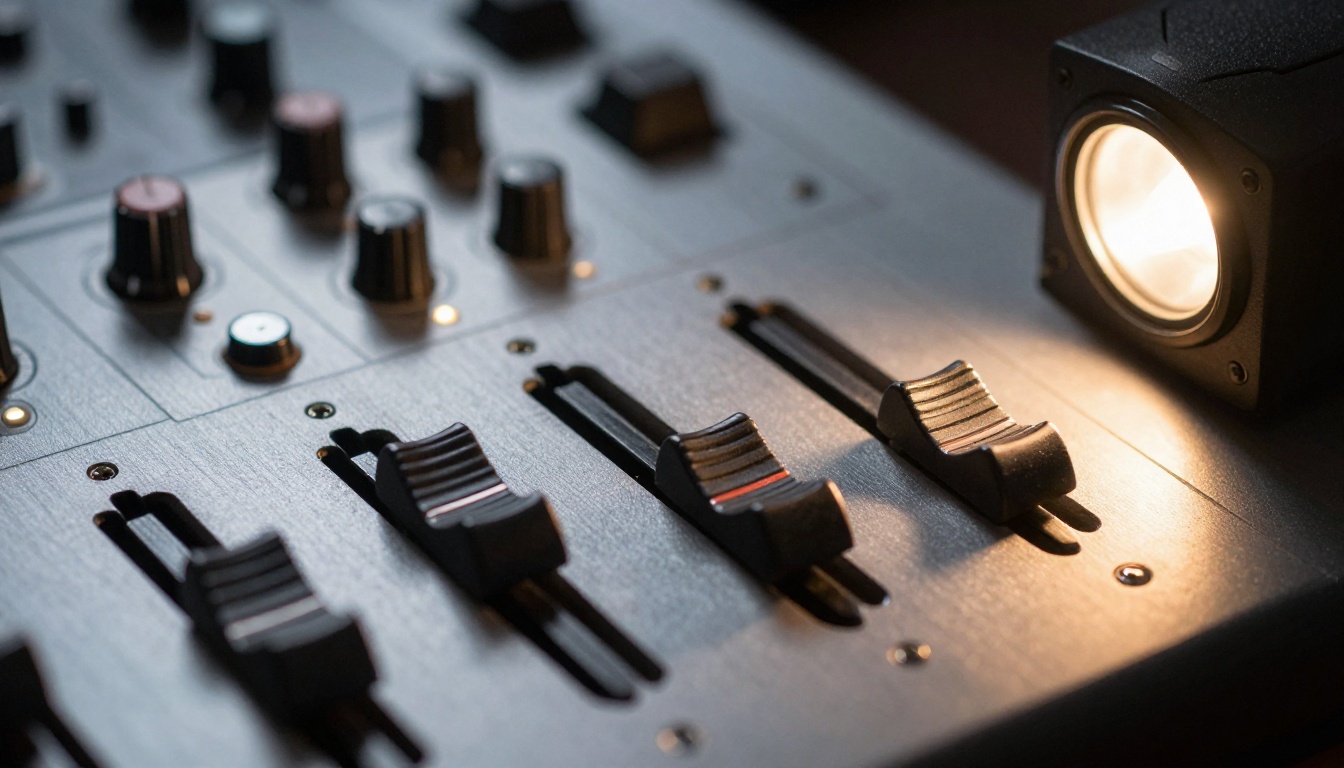 Close-up macro of studio monitor speaker grille and mixing board faders