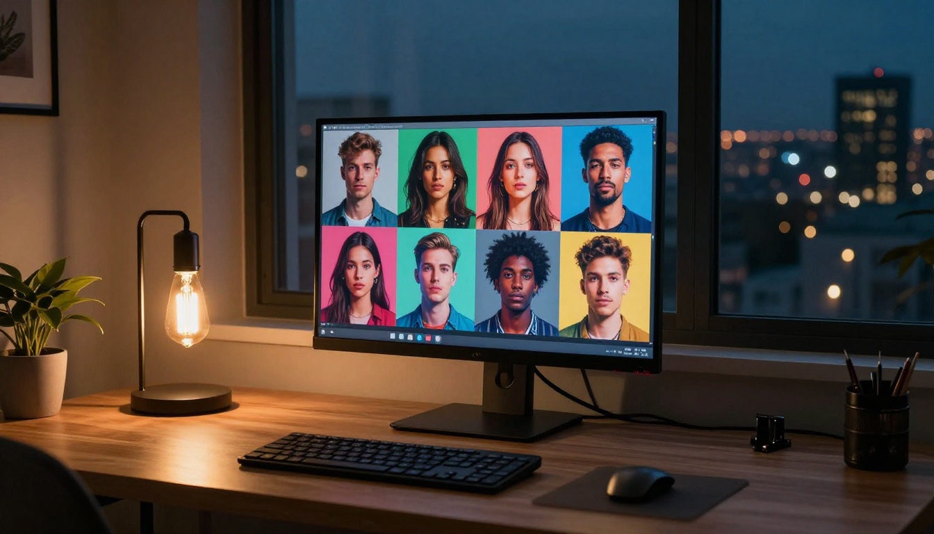 A home office at dusk with a large monitor displaying a gallery of AI-generated portraits, warm desk lamp light
