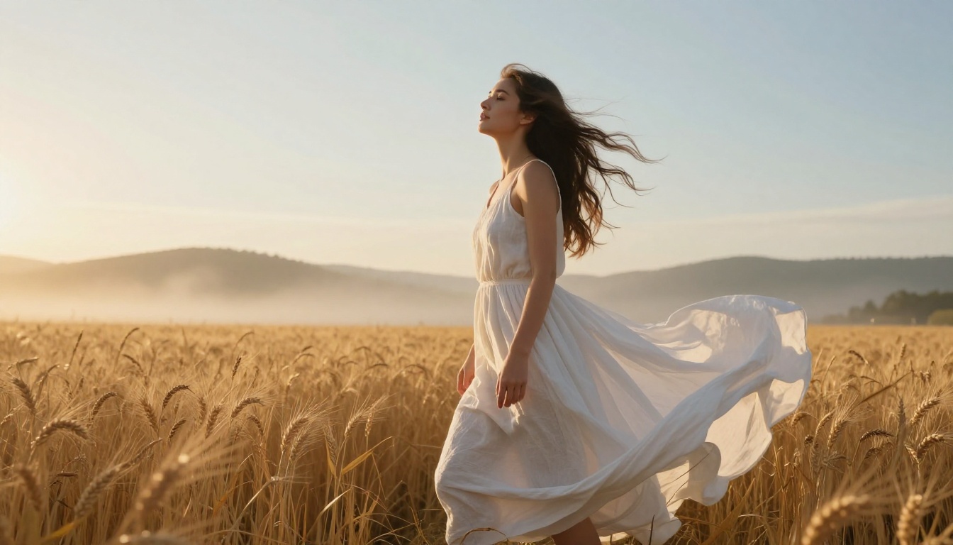 Young female vocalist performing in golden wheat field at sunrise