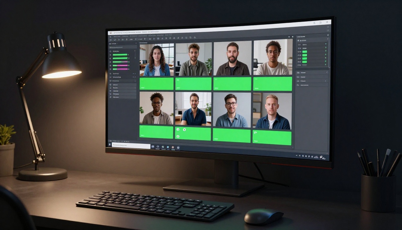 AI video generation interface on large curved monitor in dark office