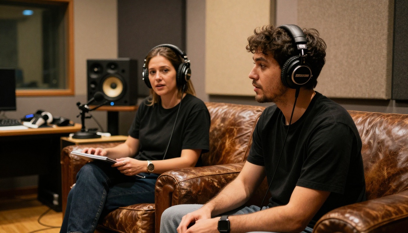 Music producer and vocalist reviewing playback together on studio couch