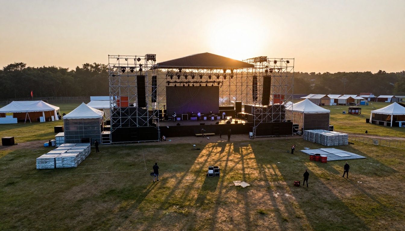 Aerial view of outdoor festival stage construction at dawn