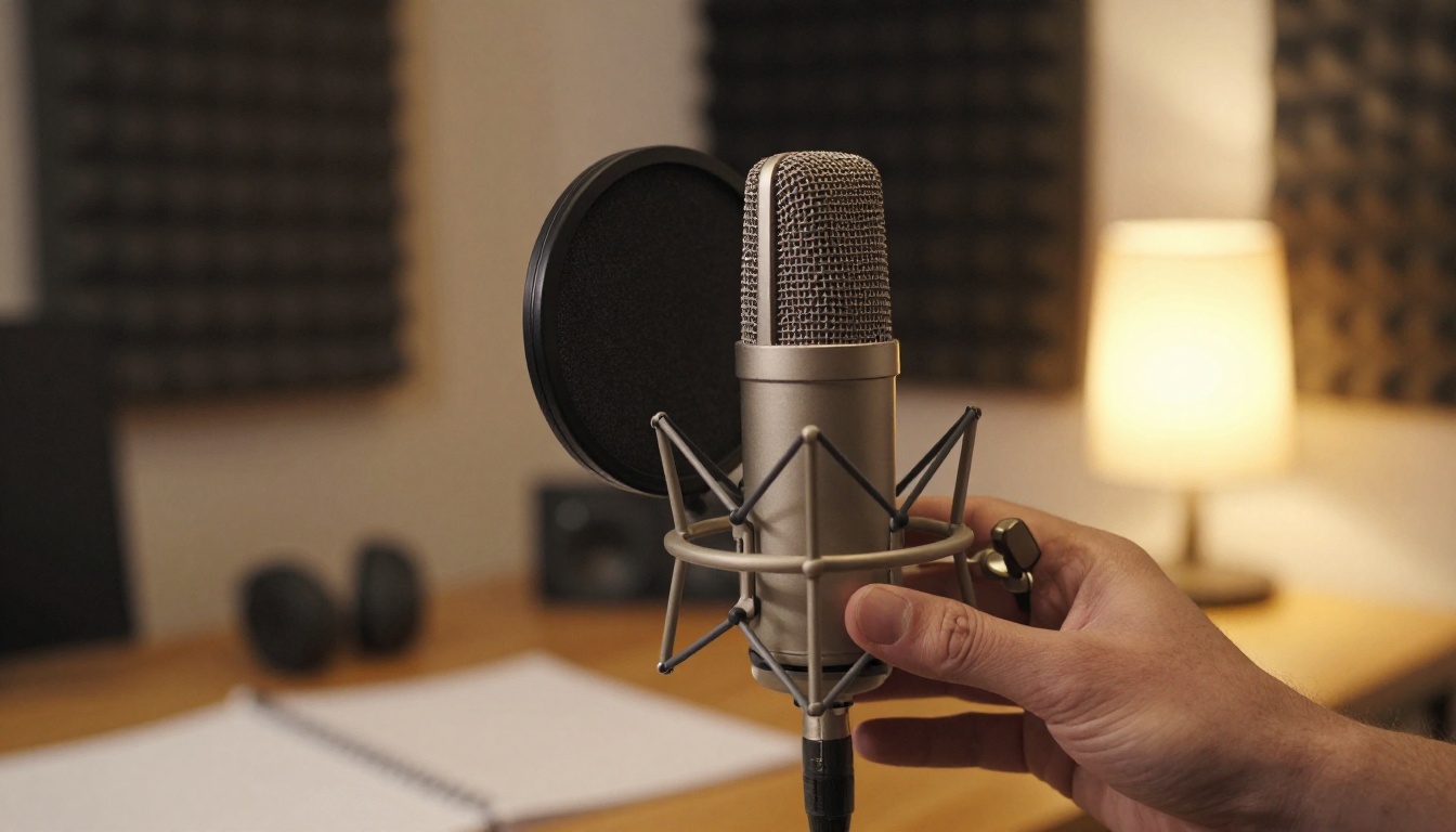 Professional condenser microphone with pop filter in a warm home studio, golden light from side lamp