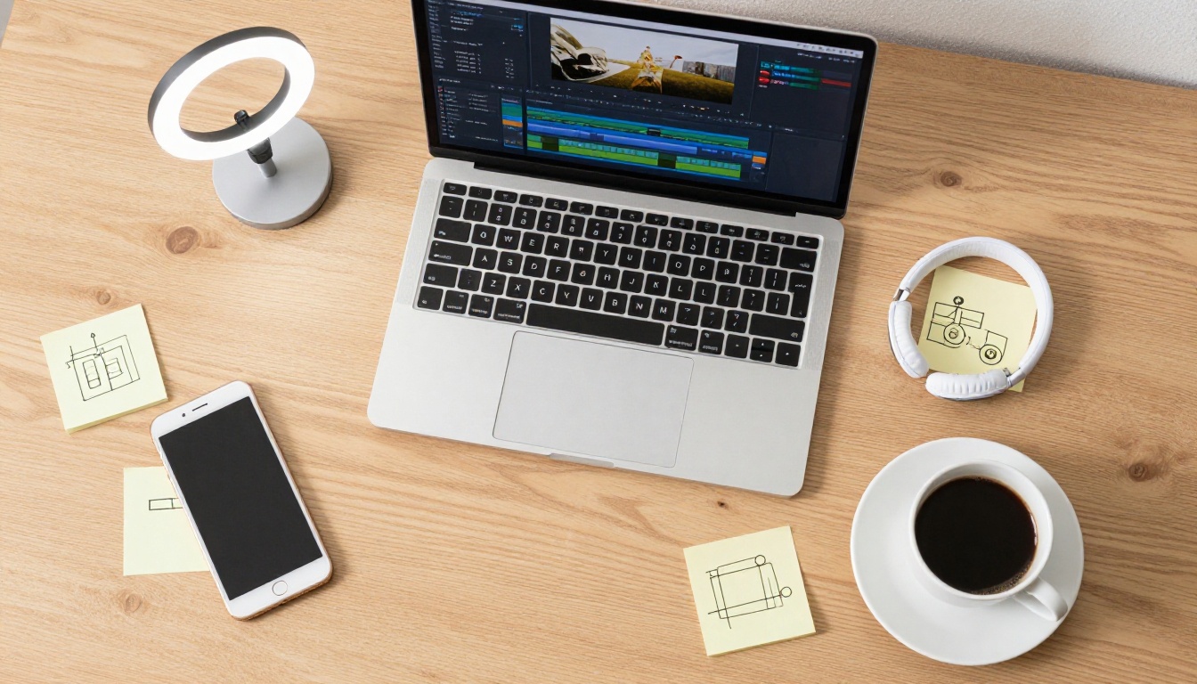 Desk workspace with laptop, headphones, and video editing tools laid out on oak surface
