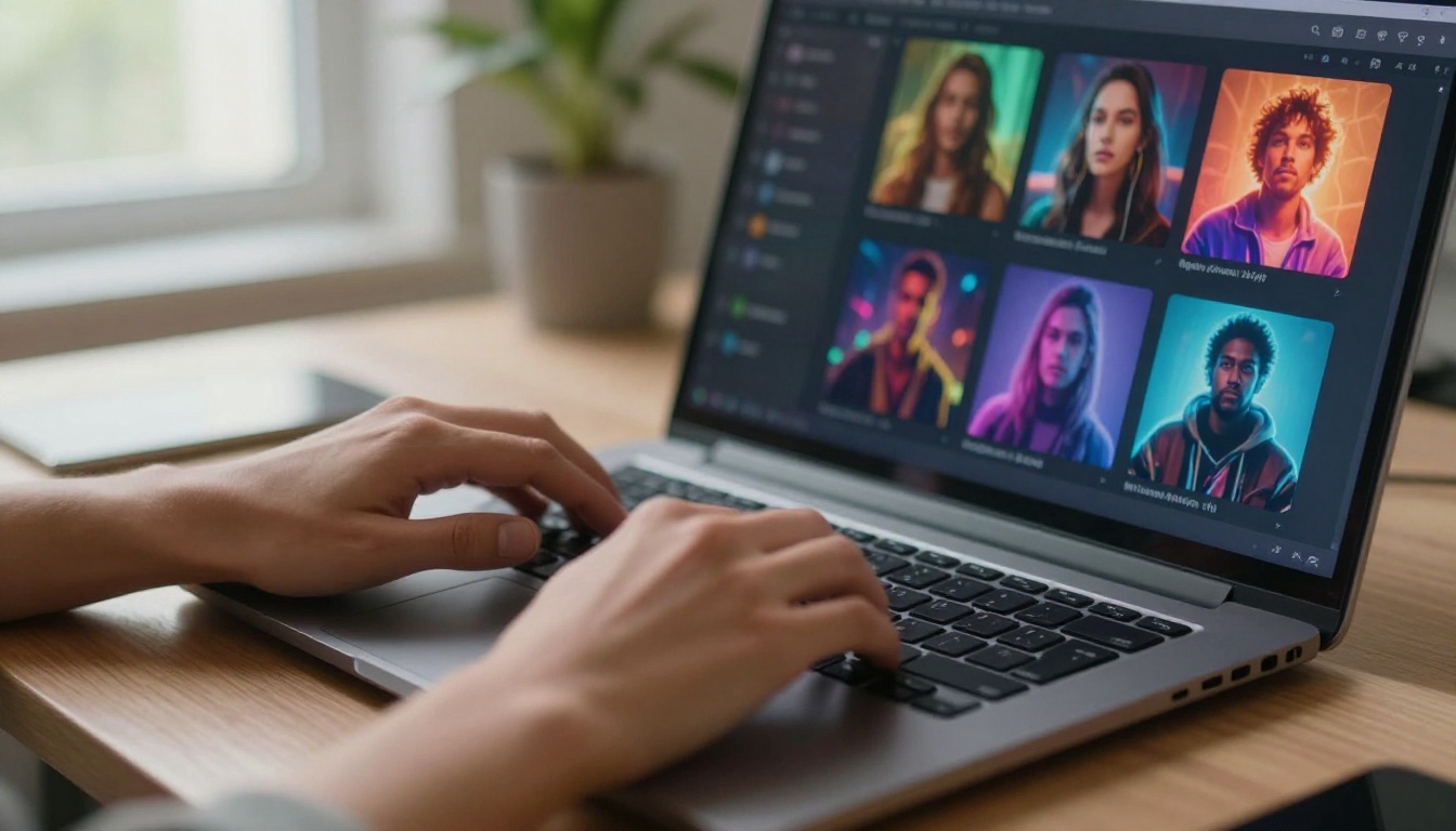 Hands typing rapidly on a dark mechanical keyboard with AI thumbnail grid visible on laptop screen