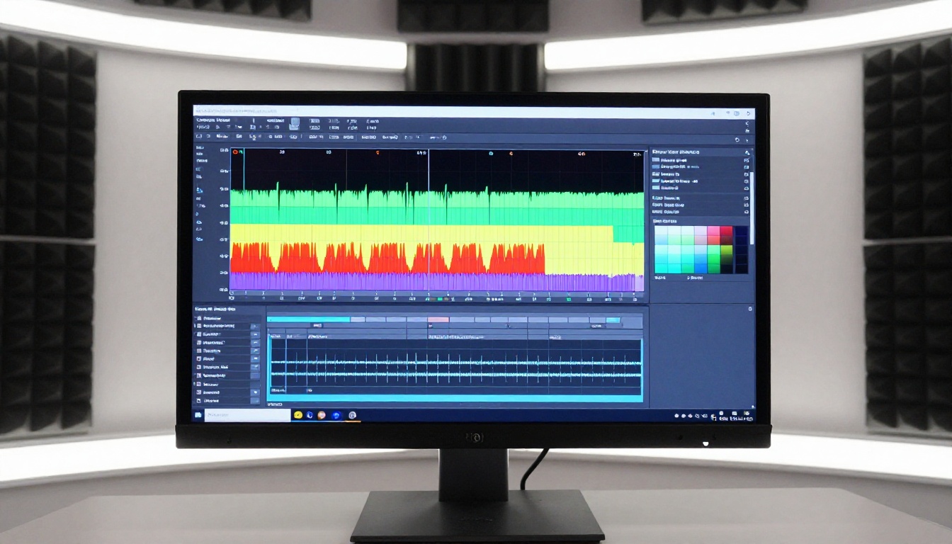 Large monitor displaying a colorful AI video editing timeline with waveform panels, overhead studio lighting