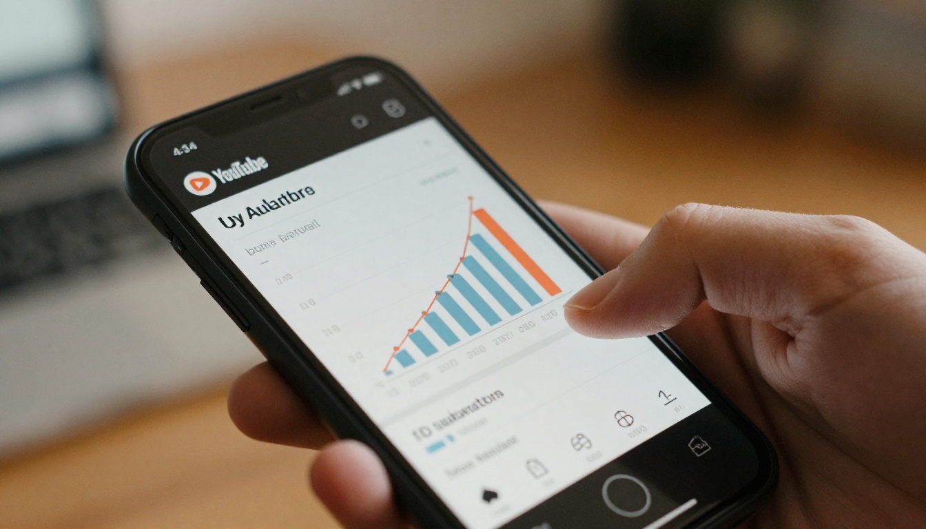 Smartphone screen showing a YouTube analytics dashboard with rising subscriber count, held in natural light