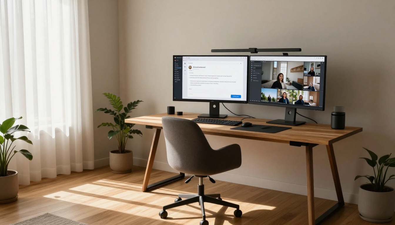 Minimalist home office with dual monitors, one screen showing AI video generation interface, afternoon sunlight through curtains Minimalist home office with dual monitors, one screen showing AI video generation interface, afternoon sunlight through curtains