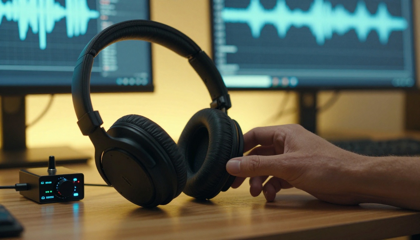 Over-ear headphones beside an audio interface device with glowing controls, warm side window light Over-ear headphones beside an audio interface device with glowing controls, warm side window light