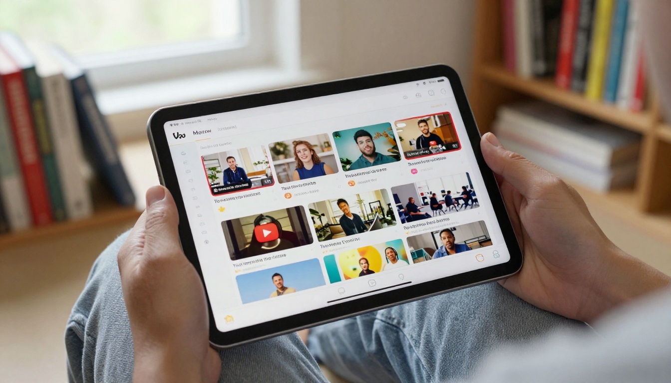 Hands holding a tablet with a colorful YouTube content calendar, creative workspace with bookshelves behind Hands holding a tablet with a colorful YouTube content calendar, creative workspace with bookshelves behind