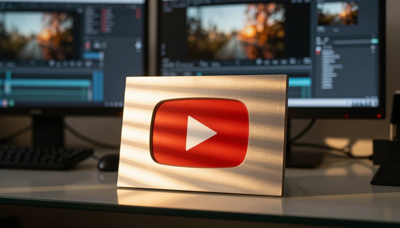 Silver YouTube play button award plaque on glass shelf with warm golden hour light casting horizontal shadows Silver YouTube play button award plaque on glass shelf with warm golden hour light casting horizontal shadows