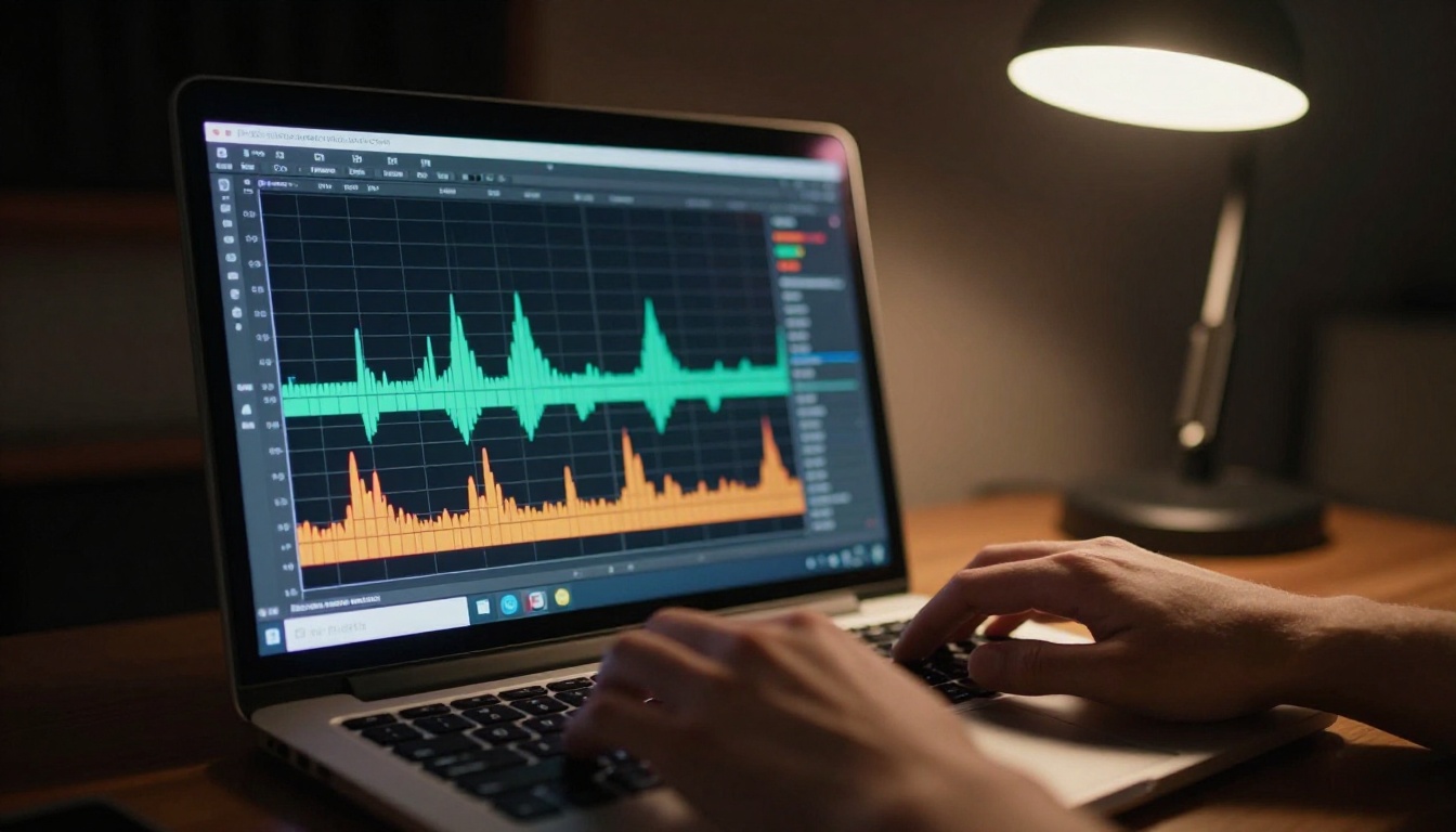 Laptop screen showing colorful audio waveform frequency visualization, dramatic chiaroscuro desk lamp lighting Laptop screen showing colorful audio waveform frequency visualization, dramatic chiaroscuro desk lamp lighting