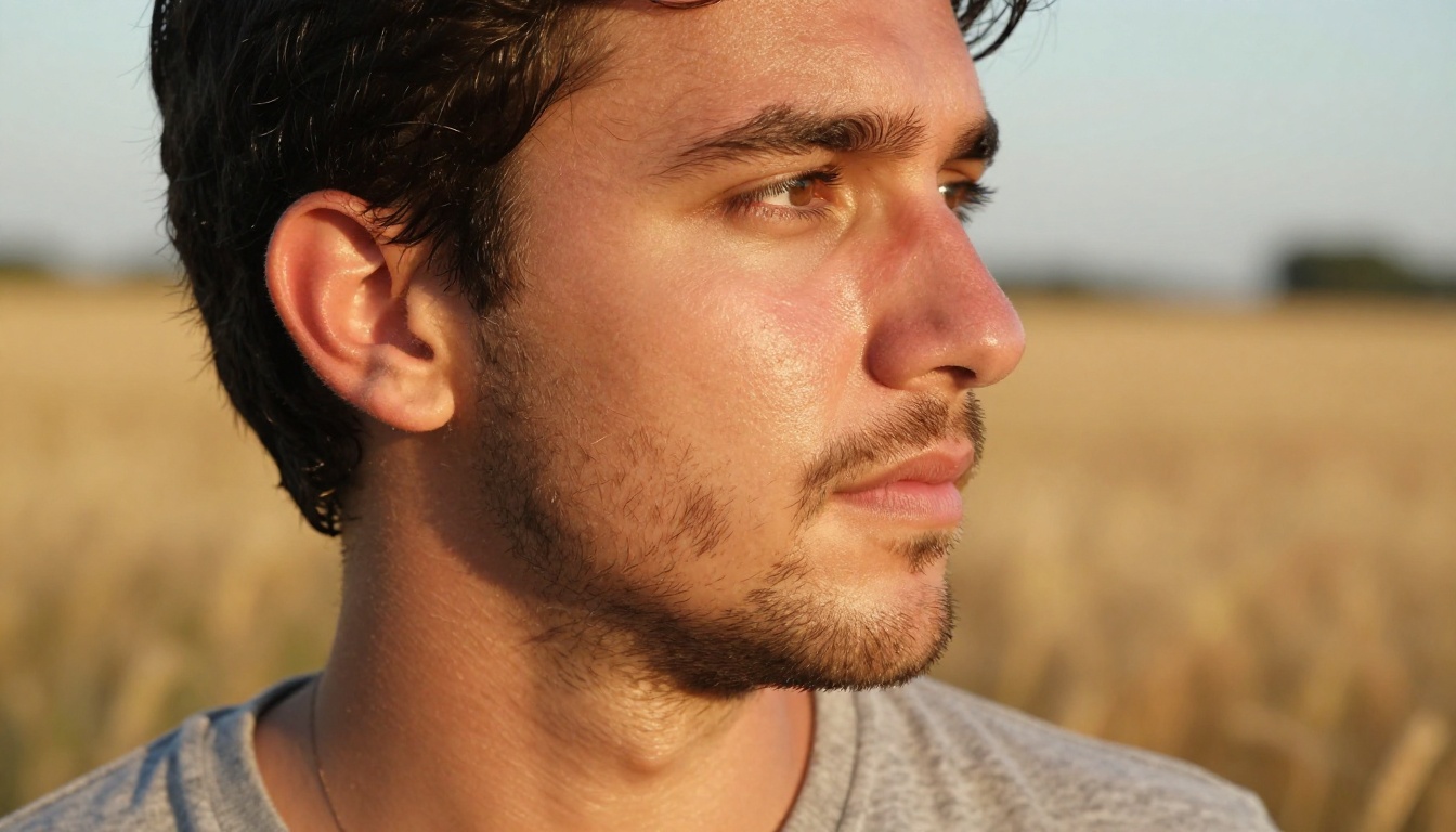 Golden hour outdoor portrait with beard stubble, sun-warmed olive skin, natural sweat catching warm rim light