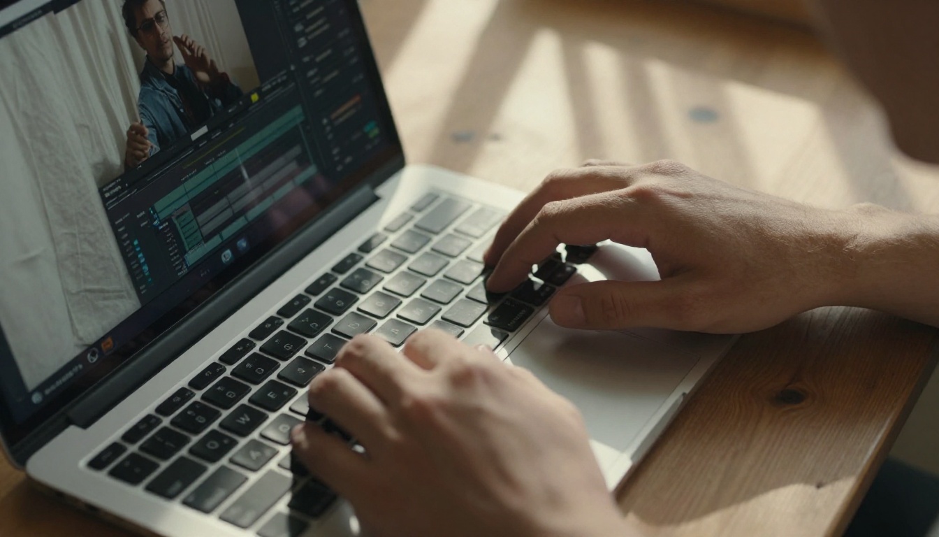 Professional workspace with video editing interface