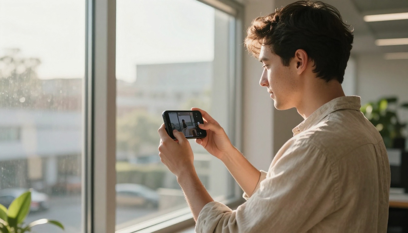 Man holding smartphone with clean video interface