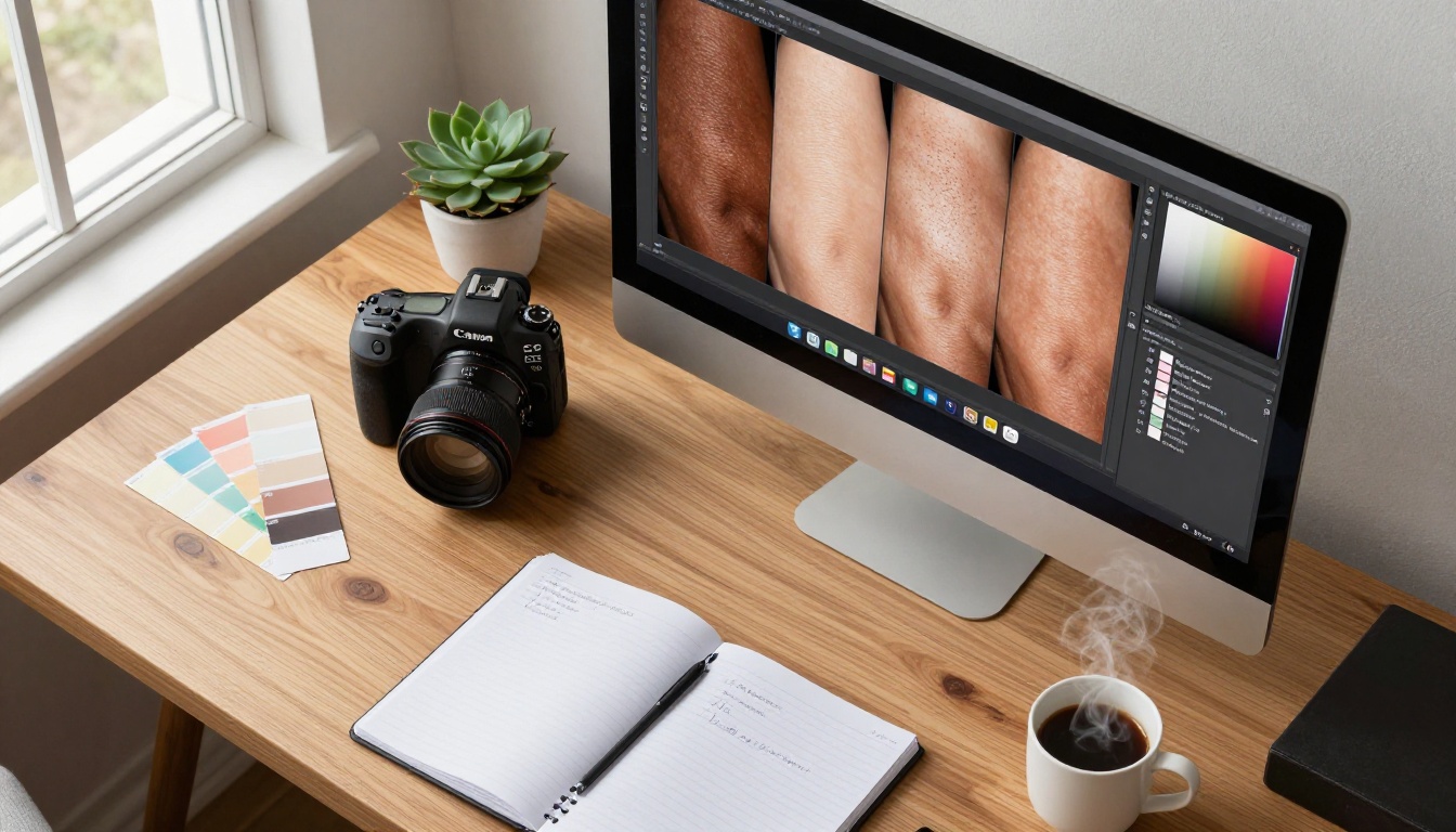 Photographer's workspace flat-lay with skin tone Pantone swatches, color calibration chart, and reference portrait on monitor