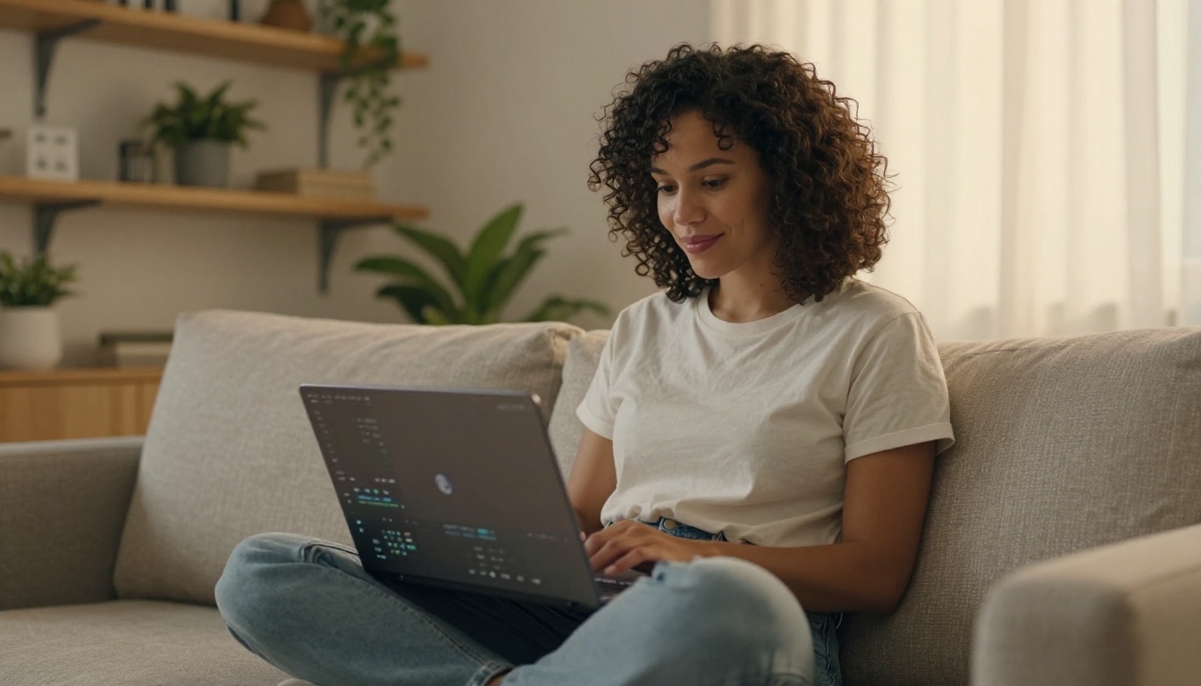 Woman using laptop on sofa with natural light