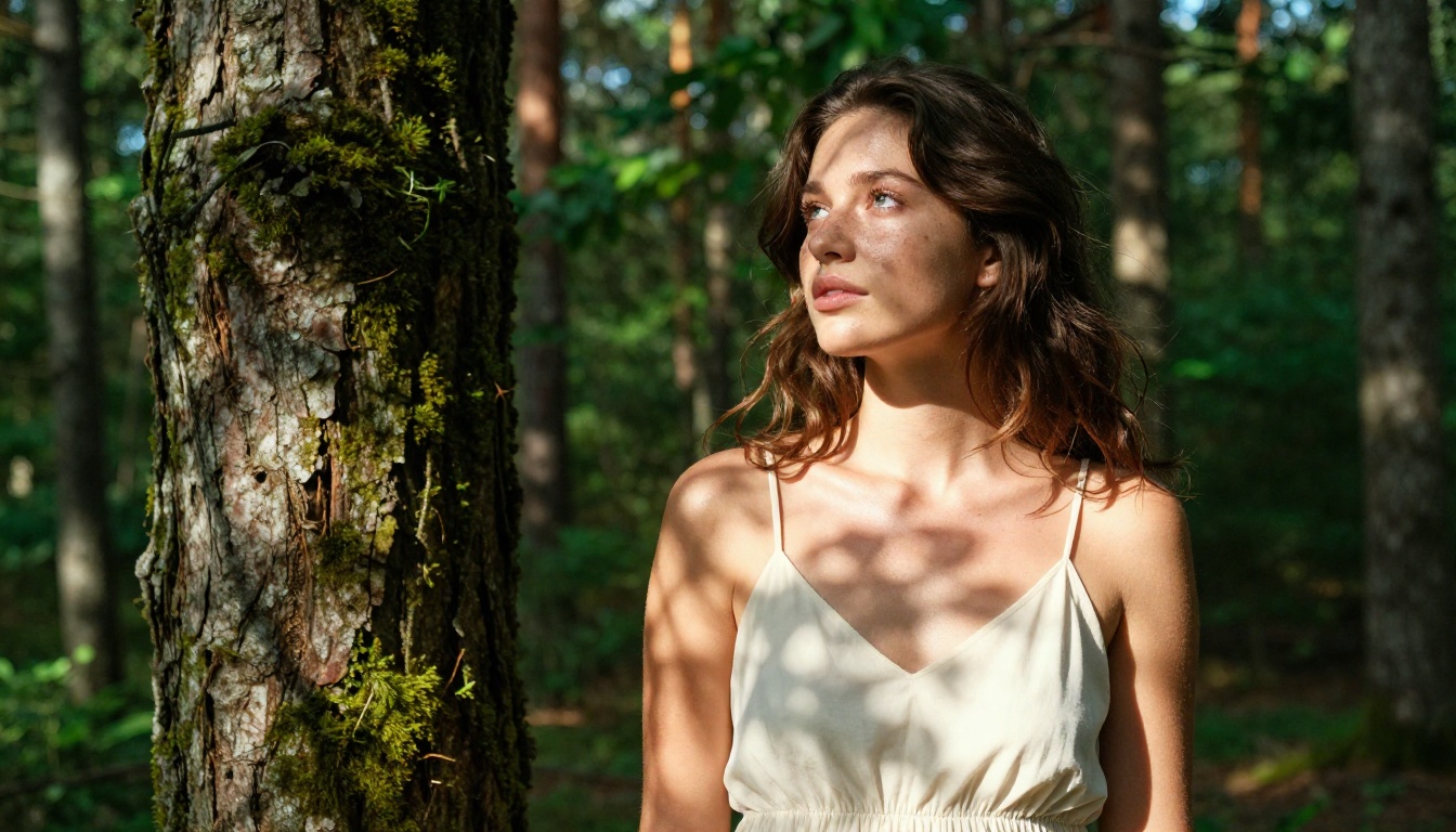 Woman in dappled forest light showing natural freckles, warm sun patches on face, and shallow-focus forest bokeh behind her