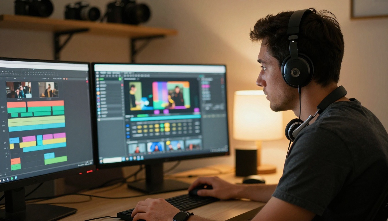 Man working with dual monitors showing video timeline