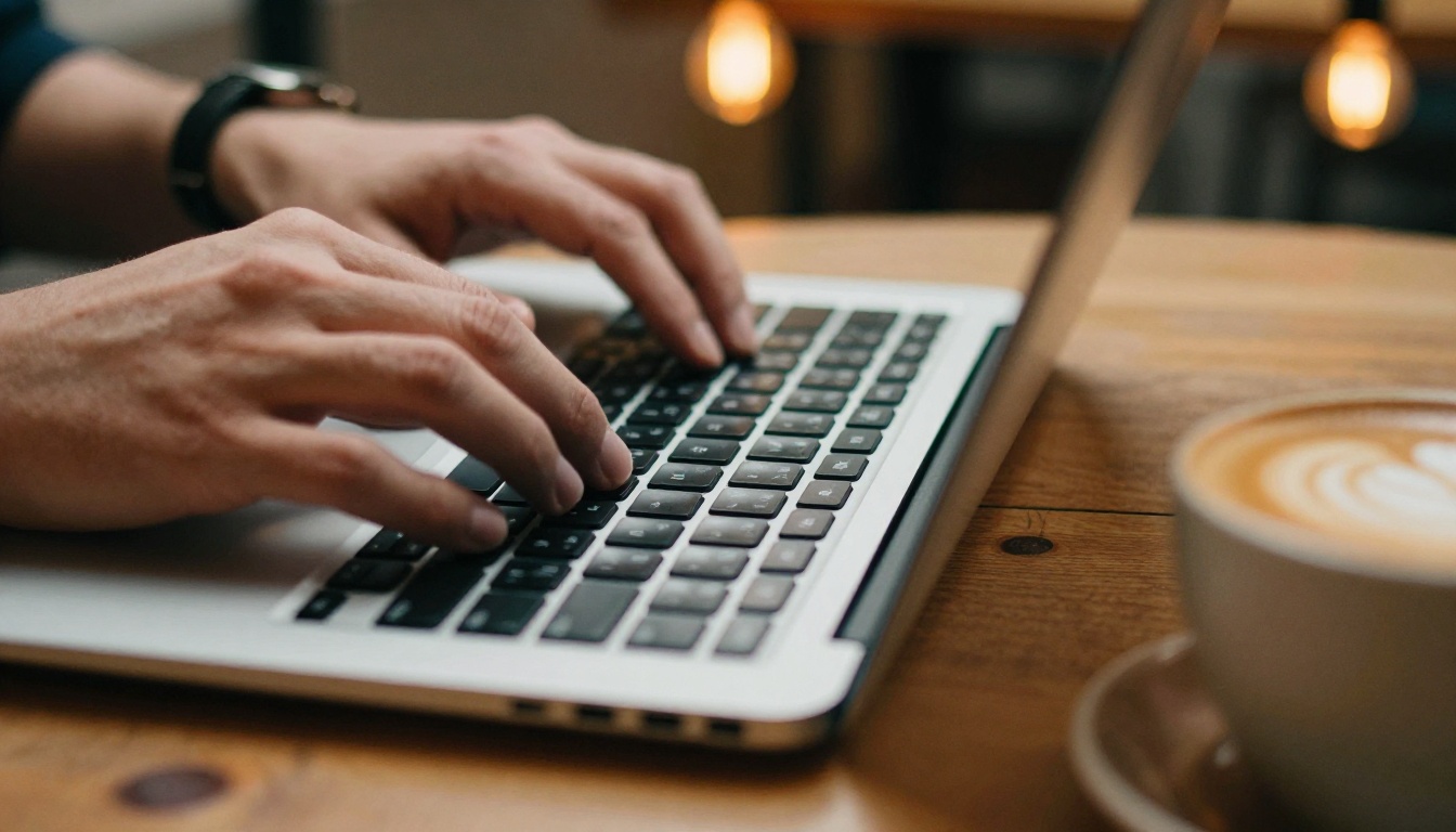 Typing on laptop keyboard in warm cafe setting