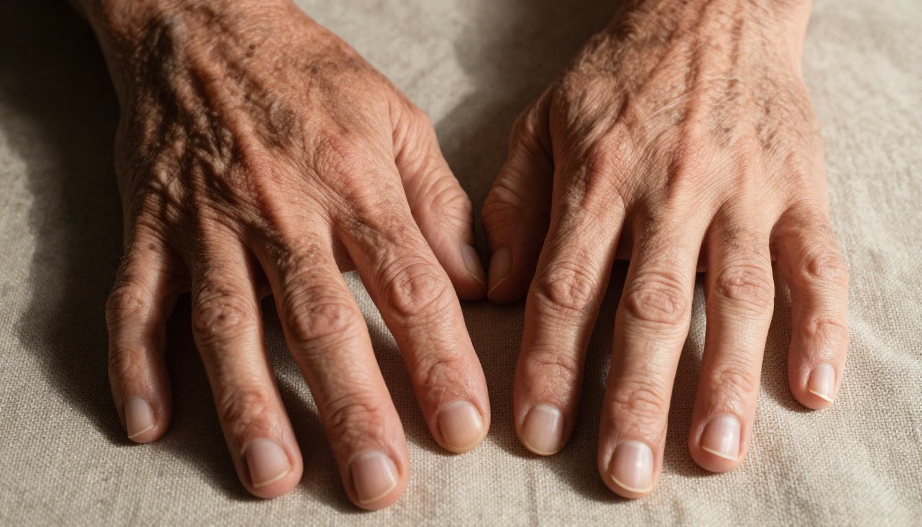 Two hands showing weathered aged skin versus youthful skin in raking sidelight over linen, macro pore and wrinkle detail