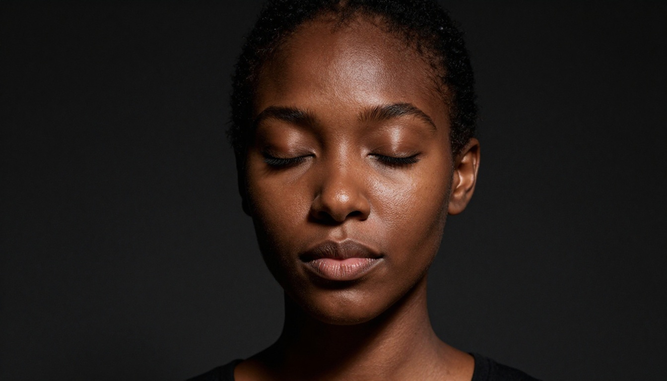 Portrait of woman with deep ebony skin, sculptural directional spotlight catching cheekbone ridge and natural skin oil sheen