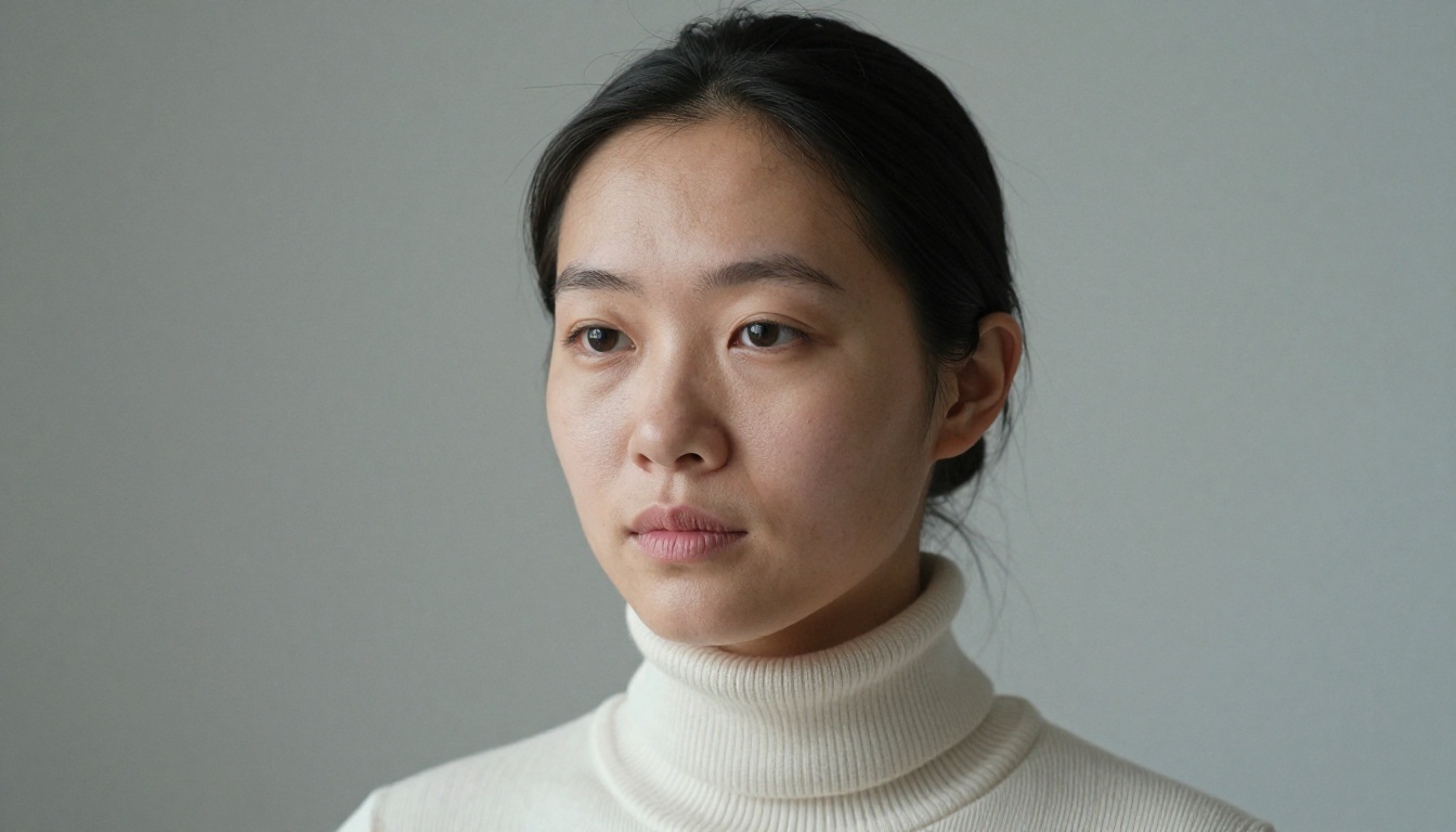 Portrait of woman with light Asian complexion showing Rembrandt triangle, cool north window light from left, natural lip texture