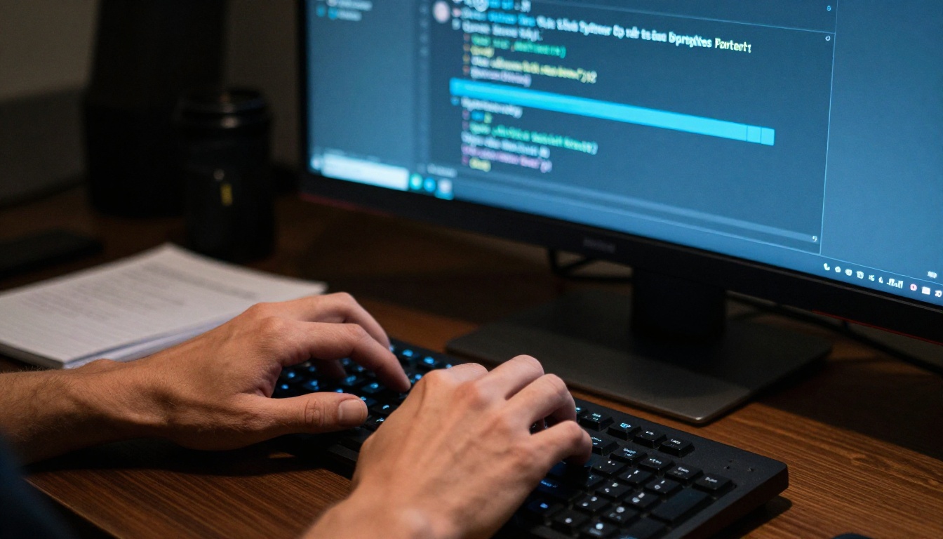 Developer with dual monitors showing AI chat and code editor in morning light Developer with dual monitors showing AI chat and code editor in morning light