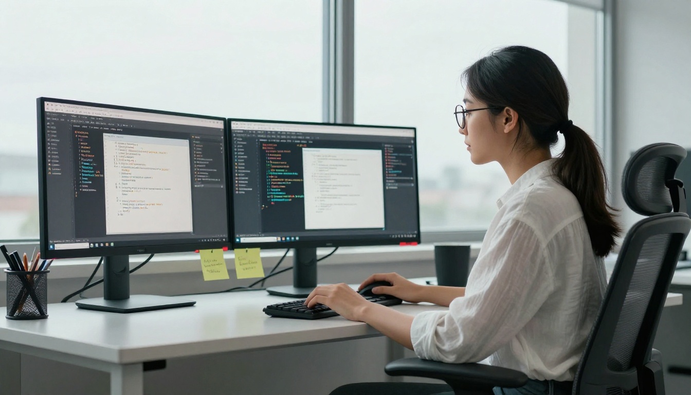 Female software engineer at standing desk with three monitors showing Python code Female software engineer at standing desk with three monitors showing Python code