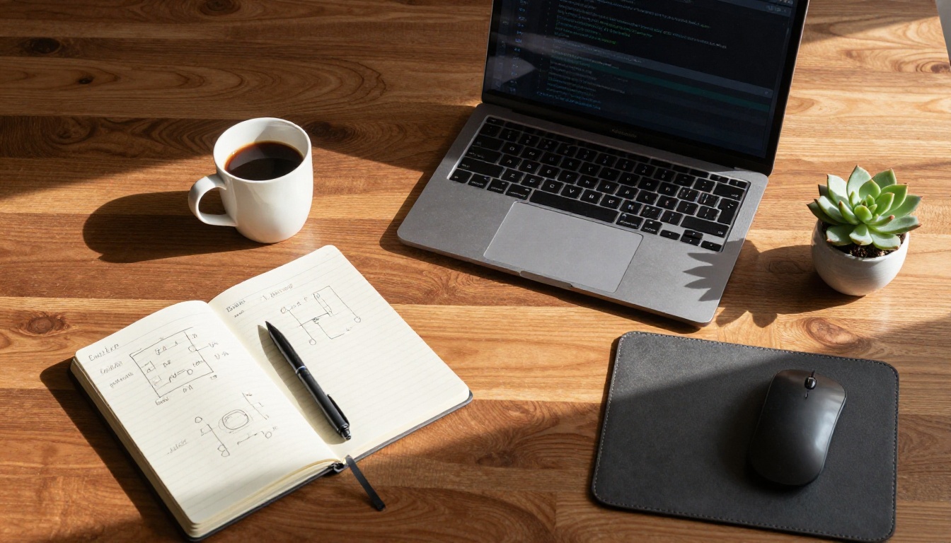 Aerial top-down view of developer workspace with MacBook, notebook, and coffee Aerial top-down view of developer workspace with MacBook, notebook, and coffee