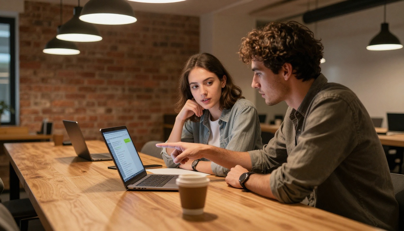 Two developers collaborating at a table with laptops showing code review Two developers collaborating at a table with laptops showing code review